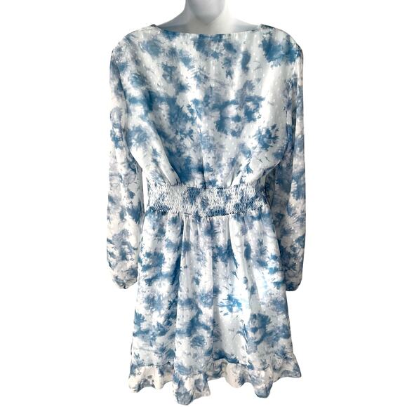 Fit & Flare Swiftie Dress Sz XL Blue White Balloon Sleeve Ruffle Floral Romantic - Picture 4 of 16